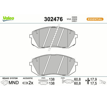 Sada brzdových destiček, kotoučová brzda VALEO 302476