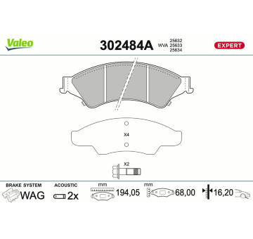 Sada brzdových destiček, kotoučová brzda VALEO 302484A