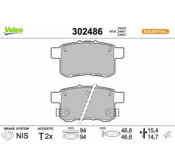 Sada brzdových destiček, kotoučová brzda VALEO 302486