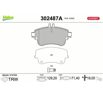 Sada brzdových destiček, kotoučová brzda VALEO 302487A