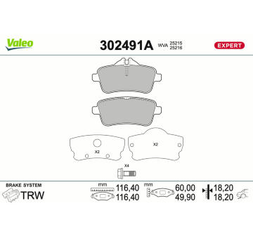 Sada brzdových destiček, kotoučová brzda VALEO 302491A