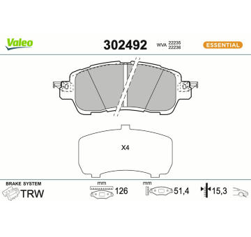 Sada brzdových destiček, kotoučová brzda VALEO 302492