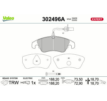 Sada brzdových destiček, kotoučová brzda VALEO 302496A