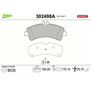 Sada brzdových destiček, kotoučová brzda VALEO 302498A