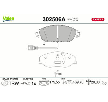 Sada brzdových destiček, kotoučová brzda VALEO 302506A
