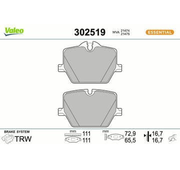 Sada brzdových destiček, kotoučová brzda VALEO 302519