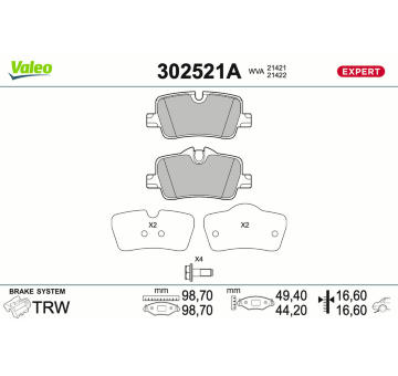 Sada brzdových destiček, kotoučová brzda VALEO 302521A