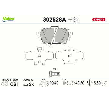 Sada brzdových destiček, kotoučová brzda VALEO 302528A