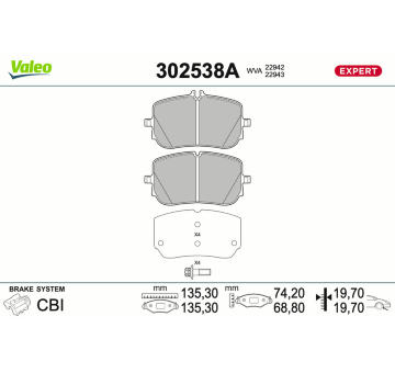 Sada brzdových destiček, kotoučová brzda VALEO 302538A