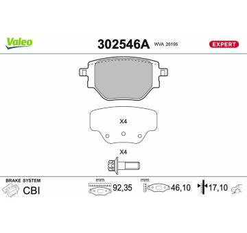 Sada brzdových destiček, kotoučová brzda VALEO 302546A