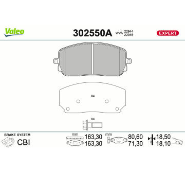 Sada brzdových destiček, kotoučová brzda VALEO 302550A