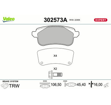 Sada brzdových destiček, kotoučová brzda VALEO 302573A