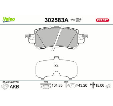 Sada brzdových destiček, kotoučová brzda VALEO 302583A