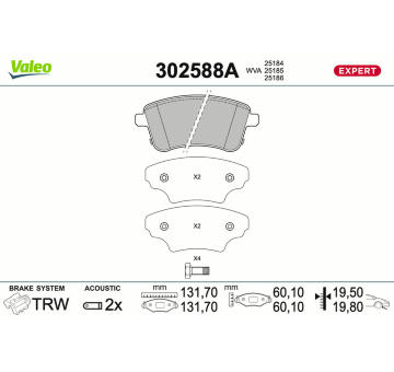 Sada brzdových destiček, kotoučová brzda VALEO 302588A
