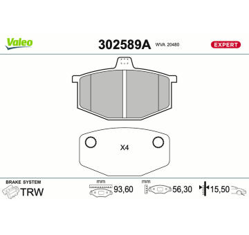 Sada brzdových destiček, kotoučová brzda VALEO 302589A