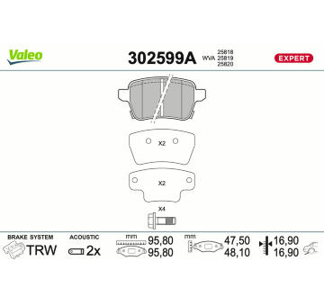 Sada brzdových destiček, kotoučová brzda VALEO 302599A