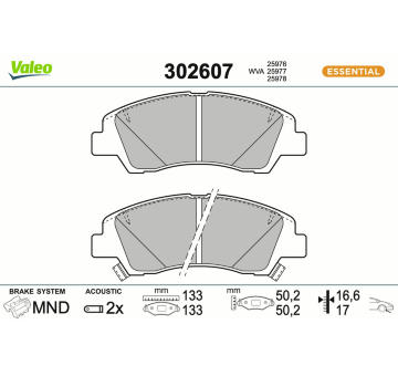 Sada brzdových destiček, kotoučová brzda VALEO 302607