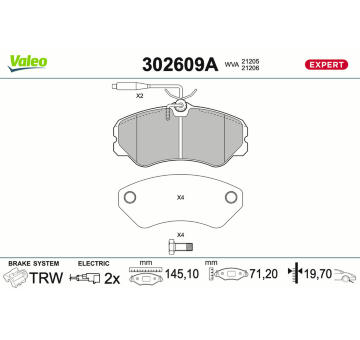 Sada brzdových destiček, kotoučová brzda VALEO 302609A