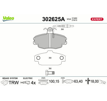 Sada brzdových destiček, kotoučová brzda VALEO 302625A