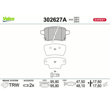 Sada brzdových destiček, kotoučová brzda VALEO 302627A