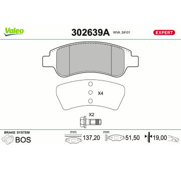 Sada brzdových destiček, kotoučová brzda VALEO 302639A