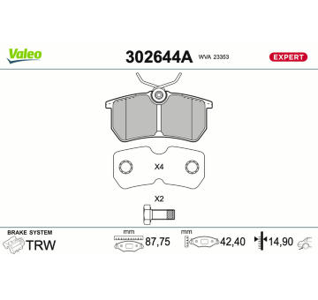 Sada brzdových destiček, kotoučová brzda VALEO 302644A