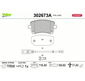 Sada brzdových destiček, kotoučová brzda VALEO 302673A