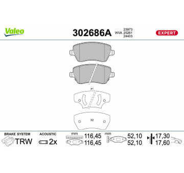 Sada brzdových destiček, kotoučová brzda VALEO 302686A