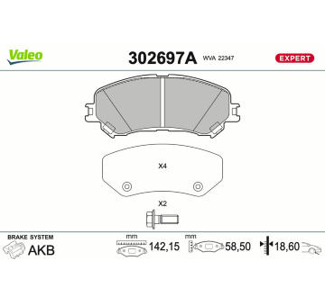 Sada brzdových destiček, kotoučová brzda VALEO 302697A