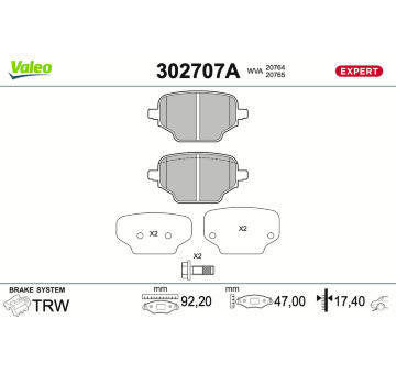 Sada brzdových destiček, kotoučová brzda VALEO 302707A
