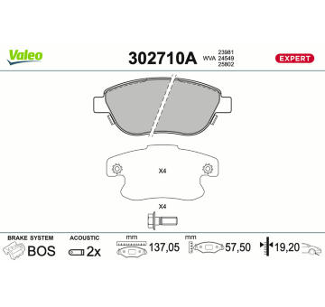 Sada brzdových destiček, kotoučová brzda VALEO 302710A