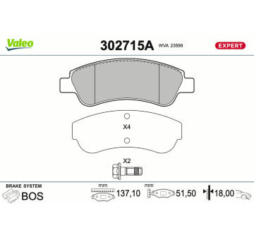 Sada brzdových destiček, kotoučová brzda VALEO 302715A