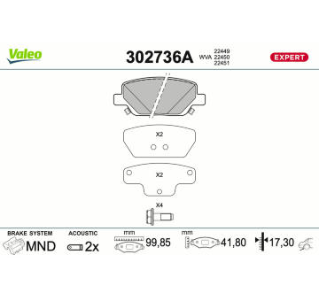 Sada brzdových destiček, kotoučová brzda VALEO 302736A