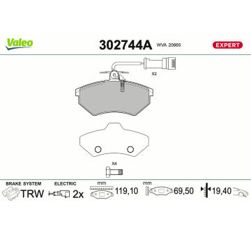 Sada brzdových destiček, kotoučová brzda VALEO 302744A