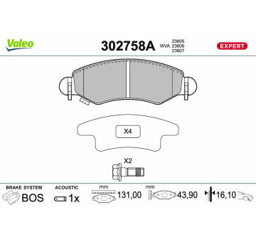 Sada brzdových destiček, kotoučová brzda VALEO 302758A