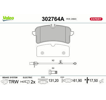 Sada brzdových destiček, kotoučová brzda VALEO 302764A