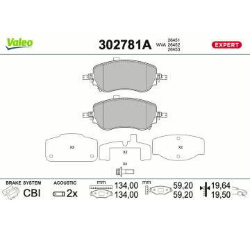 Sada brzdových destiček, kotoučová brzda VALEO 302781A