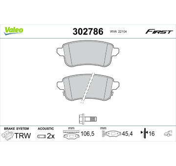 Sada brzdových destiček, kotoučová brzda VALEO 302786