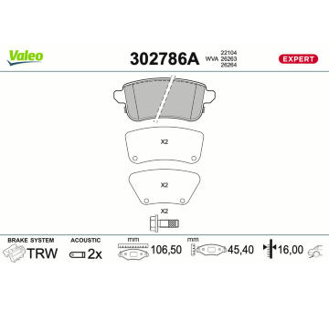 Sada brzdových destiček, kotoučová brzda VALEO 302786A