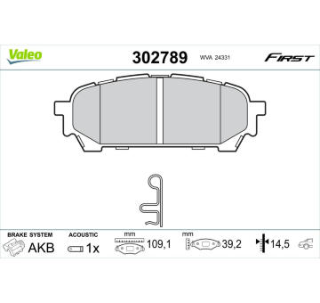 Sada brzdových destiček, kotoučová brzda VALEO 302789