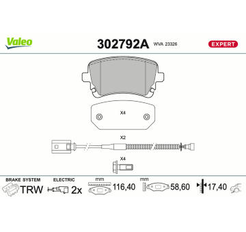 Sada brzdových destiček, kotoučová brzda VALEO 302792A