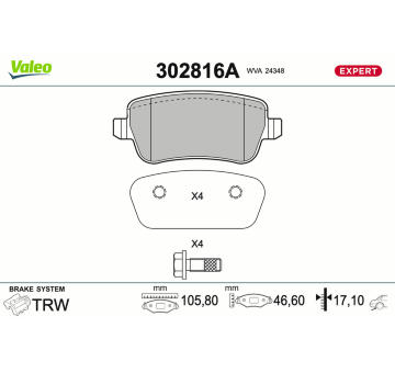 Sada brzdových destiček, kotoučová brzda VALEO 302816A