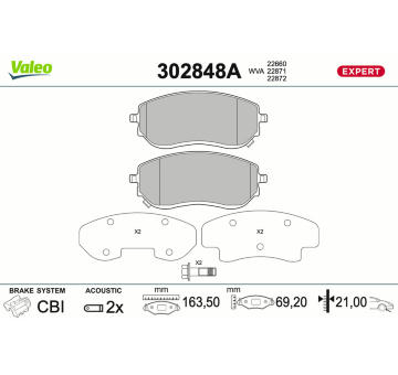 Sada brzdových destiček, kotoučová brzda VALEO 302848A