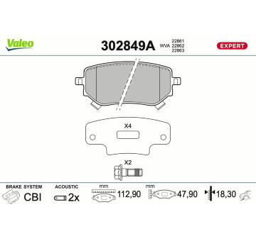 Sada brzdových destiček, kotoučová brzda VALEO 302849A