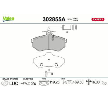 Sada brzdových destiček, kotoučová brzda VALEO 302855A
