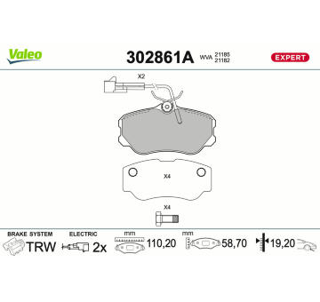 Sada brzdových destiček, kotoučová brzda VALEO 302861A