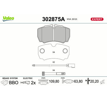 Sada brzdových destiček, kotoučová brzda VALEO 302875A