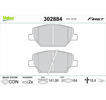 Sada brzdových destiček, kotoučová brzda VALEO 302884