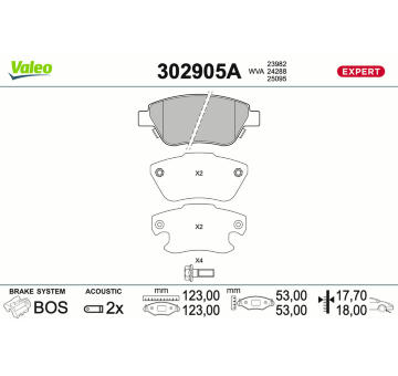 Sada brzdových destiček, kotoučová brzda VALEO 302905A