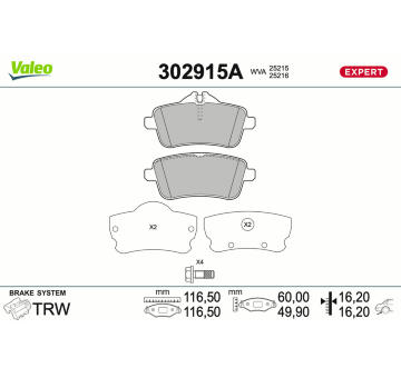 Sada brzdových destiček, kotoučová brzda VALEO 302915A